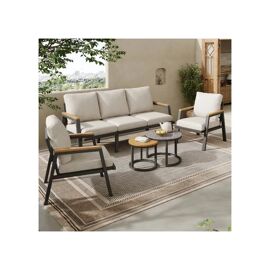 Salon De Jardin, Canapé 3 Places, 2 Fauteuils Et 2 Tables Basses, Verre Laqué Marbre Et Bois Composite, Gris