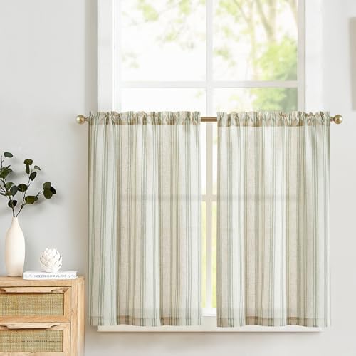 Kalanka-Rideaux Cuisine Court Brise Bise À Rayures Vert Sur Beige, Rideau En Effet Lin 65l X 60h Cm 2 Panneaux, Rideau Placard À Passe Tringle Semi Transparent, Decoration De Fenetre Porte Placard