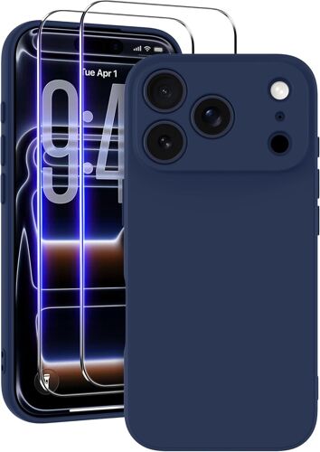 MEVRONISSHOP-Coque pour iPhone 17 Pro avec 2 Pieces Verres Trempés, TPU Étui en Silicone avec Doublure en Microfibre Souple,Étui Protection Complète Cover Antichoc,Bleu Saphir