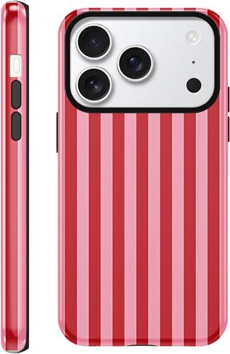 JGD-Coques pour iPhone 17 Pro 6,3'' Striped Motif, 2 in 1 Étui Aesthetic été Filles Femmes Rouge Print Design Case Silicone Housse Antichoc Bumper Protection Cover, 06