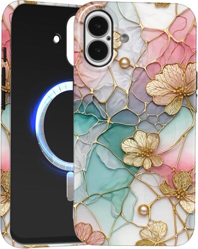 KALANKA-Coque Magnétique pour iPhone 17, Compatible avec MagSafe, Aesthetic Design Fleur Motif Silicone Housse Étui Anti-Rayures Protection Etui Bumper Cover pour iPhone 17 6,3'', Rose