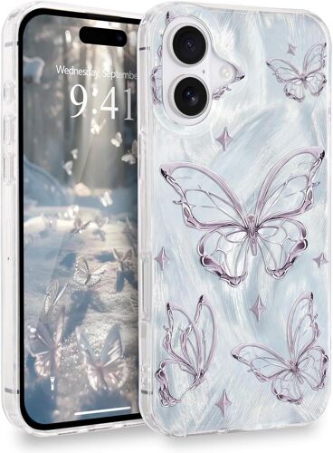 KALANKA-Coque Compatible avec iPhone 17 Brillante Papillon Coque de Téléphone Paillettes Antichoc Coque de Protection Souple TPU Silicone Bumper Coque pour iPhone 17 Argent