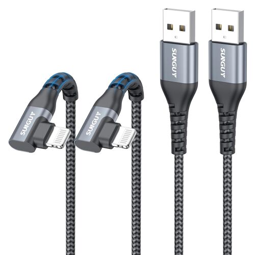 KALANKA-Câble USB-A vers Lighting coudé à 90°,[Certifié MFi] Câble de charge court Light¿ing, gaine en nylon tressé, compatible avec i-Phone 14/13/12/11 Series X SE iPad9/mini [Gris 0.3m lot de 2]