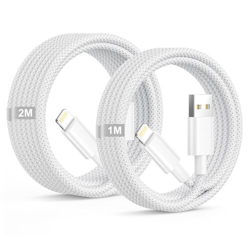 KALANKA-Cable iPhone Charge Rapide 1M+2M Lot de 2, Apple Certifiés MFi Cable Chargeur iPhone cable Lightning USB Nylon Durabilité Câble Lightning Fil Chargeur pour Apple iphone 14 13 12 11 Pro Max 8