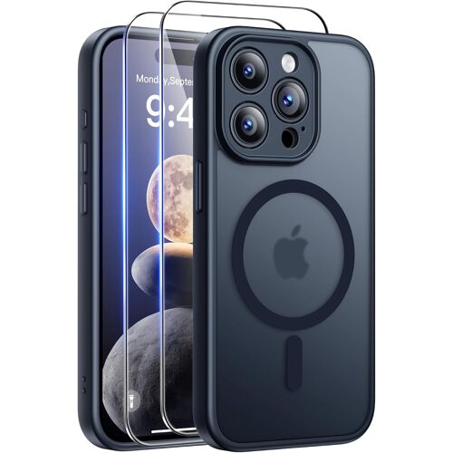 ELVORIX-Coque pour iPhone 15 Pro (6,1 Pouces) avec 2 Verres Trempés, Compatible avec Mag Safe, Coque Mat Translucide Fine Antichoc, PC Dur Housse Arrière Anti-Rayures + TPU Bumper Antichoc, Noir