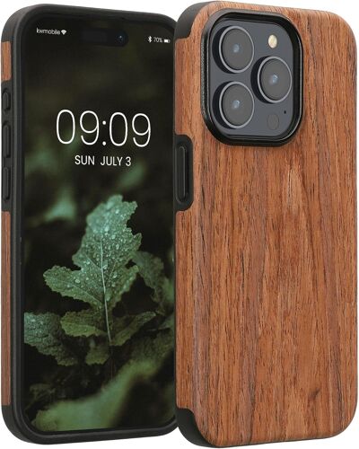 KALANKA-Coque Compatible avec Apple iPhone 15 Pro - Étui de Protection pour Téléphone Portable en Bois et TPU - Grain de Bois Marron
