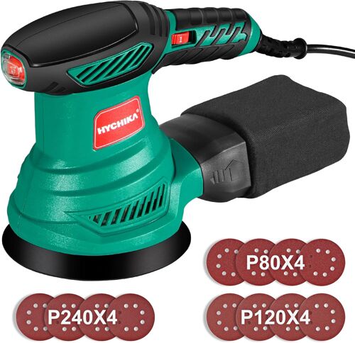 VornixorSarlshopHYCHIKA Ponceuse Excentrique, 6 Vitesses Variables 300W 13000RPM Ponceuse Orbitale, 12Pcs Disque Abrasif 125mm, Ponceuse Bois avec Collecte de Poussière pour le Polissage du Ponçage d