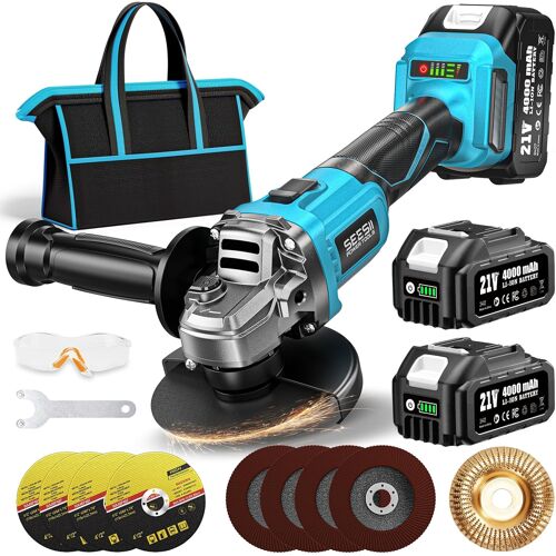 VornixorSarlshopSEESII Meuleuse d'angle sans fil 125 mm, 2 x 4000 mAh Meuleuse d'angle Électrique Sans Balais 10 000 tr/min Avec 4 Roues de Coupe, 4 Roues à Lamelles, 1 Roue de Sculpture sur bois pou
