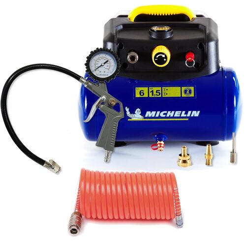 VornixorSarlshopMichelin MBL6 Compresseur d'Air Portable, Compresseur d'Air Sans Huile de 6 Litres, Manomètre Intégré + Kit (pistolet de gonflage, tuyau spiralé et 3 buses inclus)