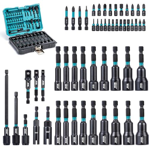 VornixorSarlshopJeu de 54PCS Écrous Magnétiques, Embout de Perceuse à Percussion 1/4"", Métrique et SAE, Adaptateurs de Douilles, Embouts de Tournevis, Rallonge à Dégagement Rapide, Boîte de Rangement