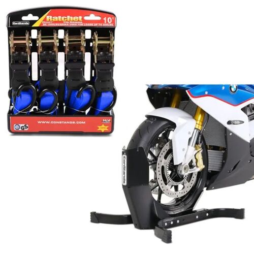 Bloque Roue Easy Plus Bequille Avant Pour Roues Max. 21" Noir Constands + Moto Sangle Set Avec Cliquet