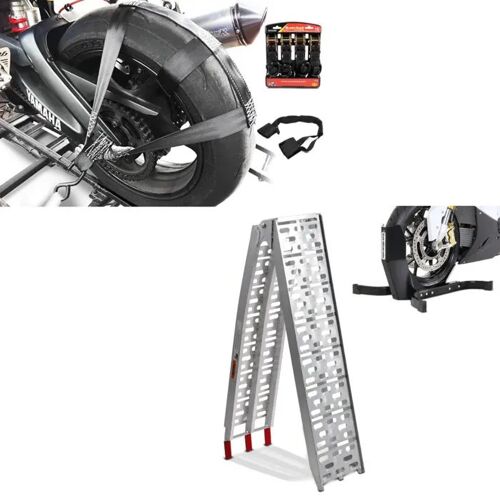 Set: Rampe De Chargement Moto Cs1 + Bloque Roue Easy Plus + Set Sangles Cliquet