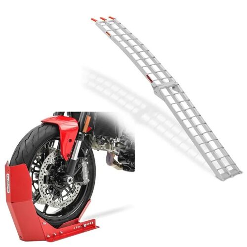 Rampe De Chargement Alu Ii En Alu Max. 340 Kg Pliable Pour Moto Atv + Bloque Roue Easy-Fix Béquille Avant À 21 Pouces Rouge