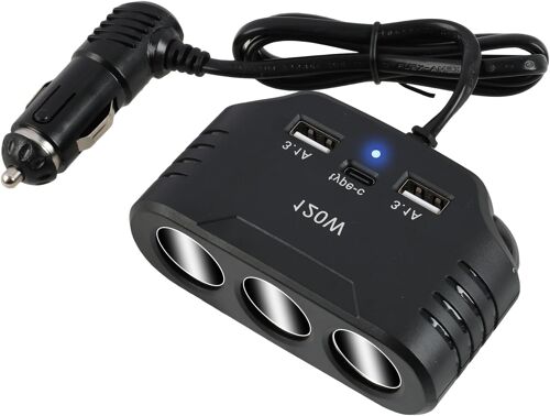LORANKA-120W Adaptateur Prise Allume Cigare 12V 24V, Multiprise USB Voiture avec 3 Prises et Port Type C, Charge Rapide, LED Indicateur, Sûreté et Sécurité, Chargeur Voiture Allume Cigare, GPS DashCa
