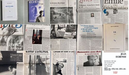 Jean Echenoz : 2 Livres (Jean Claude Lebrun : J. Echenoz, Ed Du Rocher-1992-138 Pages & Des Éclairs, Ed De Minuit, 2010, 174 Pages) Dossier Composé De 12 Coupures De Presse (1987/2012)