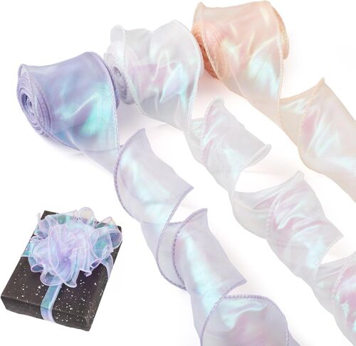 Lot De 3 Rouleaux De Ruban En Organza Iris¿¿ Brillant En Polyester - 60 Mm De Large - Pour Emballage Cadeau De Mariage - P¿ºche/Violet/Blanc