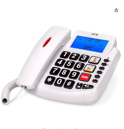 Téléphone fixe SPC Comfort Volume 2 : grandes touches, amplificateur de volume, 3 touches abrégées, identification de l’appelant et signal lumineux – Blanc