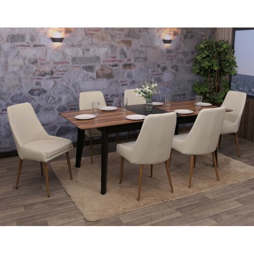 Lot de 6 chaises de salle à manger HWC-O27, chaise de cuisine rembourrée Chaise, tissu/textile (280g/m²) métal   beige