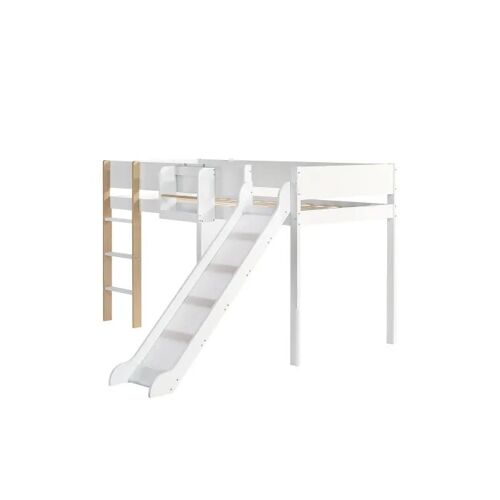 Lit mezzanine avec étagères de rangement amovibles, pin + MDF, blanc + finition bois naturel, 90 x 200 cm
