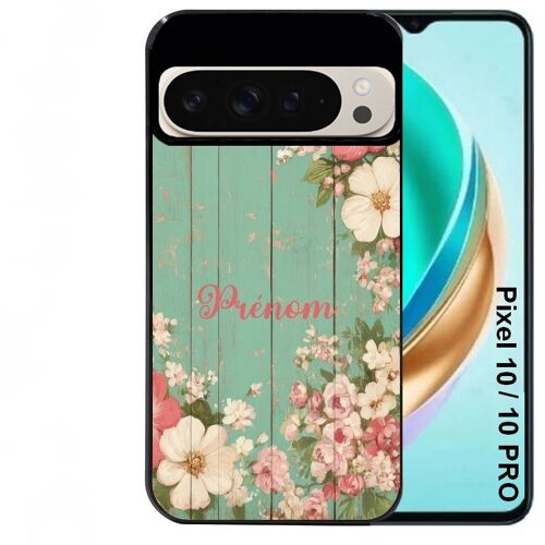 Coque noire Taperso pour PIXEL 10 et 10 PRO avec motif bois et fleur avec votre prenom