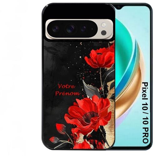 Coque noire Taperso pour PIXEL 10 et 10 PRO avec motif fleur rouge avec prenom