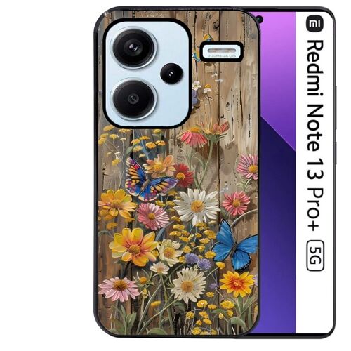 Coque noire Taperso pour Redmi Note 13 PRO PLUS 5G avec motif bois et papillon 1