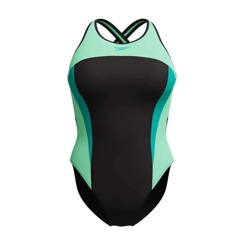 Speedo Maillot De Bain High Neck Splice Cross Back Femme Uk 34 Turquoise Gem