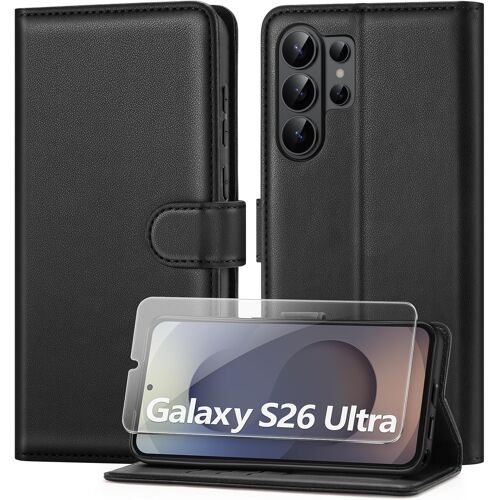 MEVRONISSHOP-Coque pour Samsung Galaxy S26 Ultra 5G avec Verre Trempé, étui Cuir PU Magnétique Pochette de Portefeuille, Housse de Fonction Stand Video Porte Carte Credit à Rabat Case -Noir