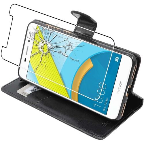 KALANKA-- Coque Compatible avec Huawei Honor 6C Pro Etui PU Cuir Housse Portefeuille Porte-Cartes Support Stand, Noir + Film Verre Trempé [NB: Lire Description][Appareil: 147.9x73.2x7.7mm, 5.2'']