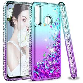 KALANKA-Coque pour Huawei P30 Lite/P30 Lite XL/P30 Lite New Edition avec Verre Trempé [Lot de 2], Fille Liquide Paillette Transparente Silicone Gel Antichoc Kawaii Etui Housse Turquoise Violet