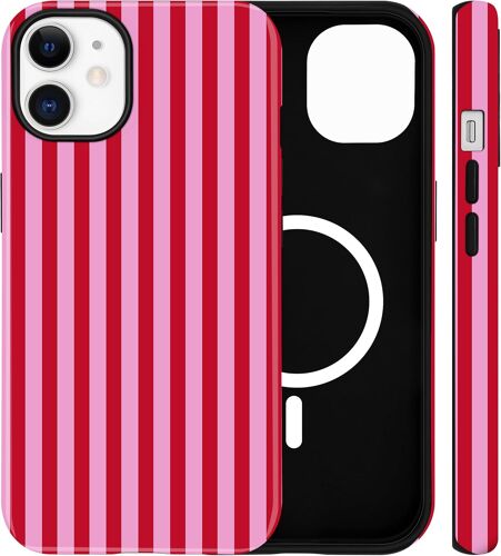 KALANKA-Stripes Coque pour iPhone 12/12 Pro, Compatible avec MagSafe, Design esthétique et Mignon, Protection magnétique en TPU Souple et PC Dur, pour Femmes et Filles - Rouge