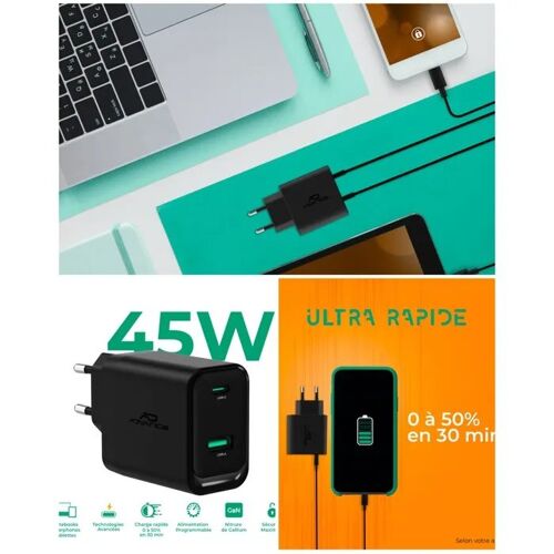 Chargeur Secteur Smarthphone ¿ 45W - USB-C ¿ USB-A Noir - Pour MacBook Air/Pro- Charge rapide Samsung, iPhone, Huawei, tablettes