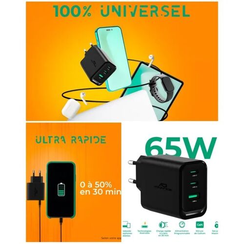 Chargeur Secteur Smarthphone ¿ 65W -2 USB-C ¿ 1 USB-A - Compatible MacBook Air- Charge rapide Samsung, iPhone, Huawei, tablettes