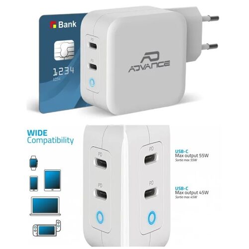 Chargeur Secteur Smarthphone ¿ 100W ¿ 2 USB-C ¿ Pour MacBook Air/Pro- Charge rapide Samsung, iPhone, Huawei, tablettes, consoles