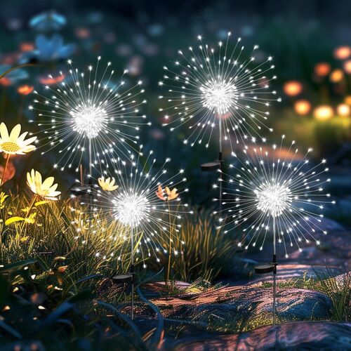 Lot De 4 Solaires Extérieur Jardin,120 Led Feux D'Artifice Solaires,Étanche Lampe Solaire De Pissenlit Pour Cour, Pelouse, Fête, Patio, Décoration De Mariage (Blanc Froid)