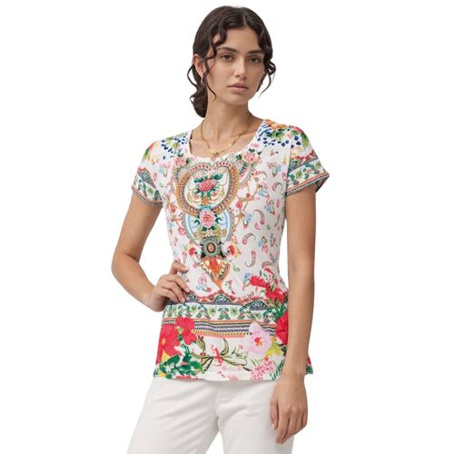 Tee-Shirt Femme Manches Courtes Col Rond Imprimé Multicolore Ajusté