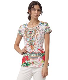 Tee-Shirt Femme Manches Courtes Col Rond Imprimé Multicolore Ajusté