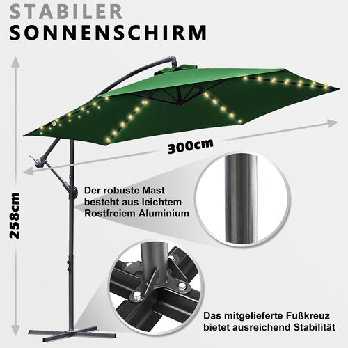 3m Parasol Avec Led Solaire Et Housse De Protection Uv40+,Vert