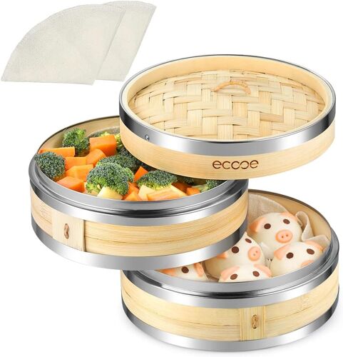 Subzonal-Panier Vapeur En Bambou Avec 2 Chiffons En Coton, Cuiseur Vapeur Bambou Pour Légumes, Les Dim Sum, Poisson Et Viande (Diamètre 20cm)