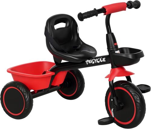 Subzonal-Tricycle Pour Enfant Évolutif Avec Siège Réglable - Pédales - 2 Paniers - Ceinture - Pour Enfant De 2 À 5 Ans - Rouge Et Noir