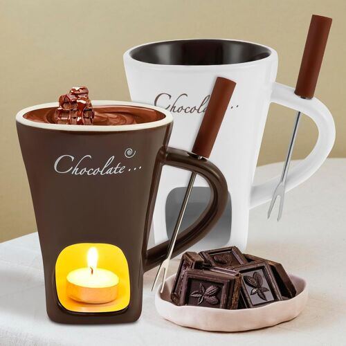 Subzonal-2 Pièces Tasse Fondue Chocolat, En Céramique Mug Fondue Au Chocolat Avec Fourchette, 200ml Tasse Chauffante Pour Faire Fondre Le Chocolat,Fromage,Beurre Et Caramel,Cadeaux Du Nouvel An Noël