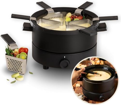 SUBZONAL-Appareil à Fondue Électrique Evolution 3-en-1 ¿ Service à Fondue avec Caquelon INOX 3 L + Bol Céramique Bain-Marie ¿ 6 Paniers & 6 Pinces ¿ Température Réglable ¿ 4 à 6 Personnes