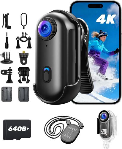 SUBZONAL-Mini Caméra Sport 4K WiFi, Camera Sport Magnétique Mains Libres avec Clip Rotatif à 360°, Boîtier Etanche pour Pnades avec Animaux, Vélo, Voyages, Vlog, Dashcam Moto