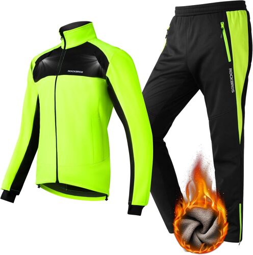 Subzonal-Ensemble Veste+Pantalon De Vélo Thermique Hiver Vêtements De Vélo Molleton Polaire Coupe-Vent Respirant Réglable Activité Plein Air Cyclisme Escalade Randonnée Camping Course Vert Fluo M-4xl