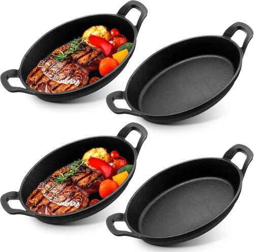 Subzonal-Lot De 4 Mini Poêles En Fonte Avec Poignées, 21 X 15 Cm Plat De Service Ovale En Fonte, Plat À Four Individuel Pré-Assaisonné, Poêle Polyvalente Pour Cuisson, Four, Camping Et Cuisine