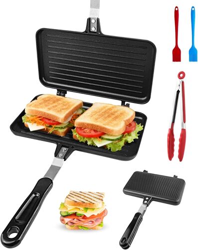 Subzonal-4 Pièces Poêle À Frire Double Face,Avec 2 Pinceau À Huile Et 1 Pinces De Cuisine,Avec Poignées Résistantes Chaleur Poêle À Sandwich, Pour Maison, Extérieur, Camping
