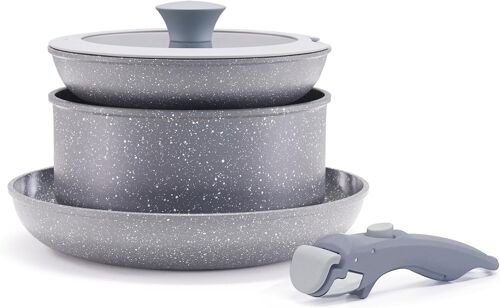 Subzonal-Ensemble De Casseroles Poêles 5 Pièces Antiadhésive Avec Poignée Amovible, Ensemble De Cuisinière En Céramique Avec Couvercle, Non Toxique Four Sûr, Idéal Pour L'induction Et Le Camping, Gri