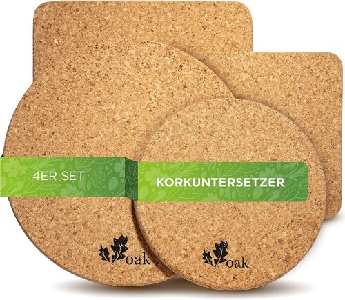 Subzonal-Lot De 4 Dessous De Verre En Liège,2 Dessous De Verre Ronds,2 Dessous De Verre Carrés,100 % Liège Naturel,Fabriqué Au Portugal,20 Cm Et 15 Cm,Dessous Antidérapant,Lavable,Résistant À La Chal