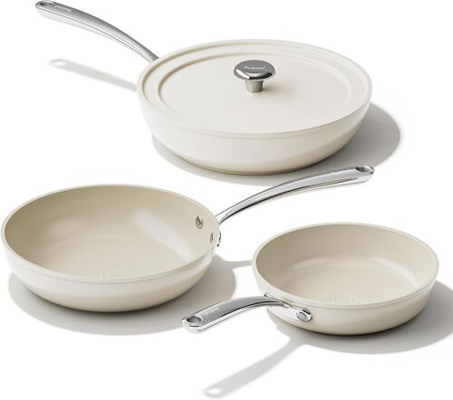 Subzonal-Lot De Poêles À Frire En Céramique Et Aluminium Avec Revêtement En Céramique Antiadhésives Et À Induction 20/24/28 Cm Pour Tous Les Types De Plaques De Cuisson, Sans Ptfe, Sans Pfoa, Beige
