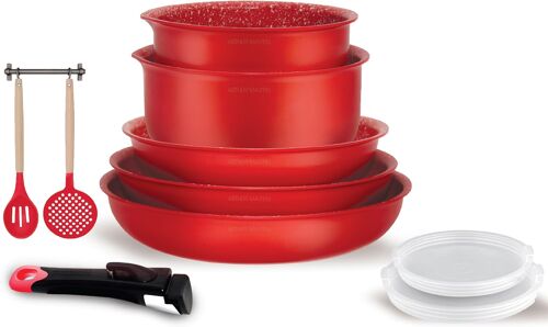 Subzonal-Amr41, Batterie De Cuisine 10 Pièces En Aluminium Avec Revêtement Adhérent, Poêles 20-22-26 Cm, Casseroles 16-18 Cm, Couvercle Hermétique, 2 Ustensiles, Rouge